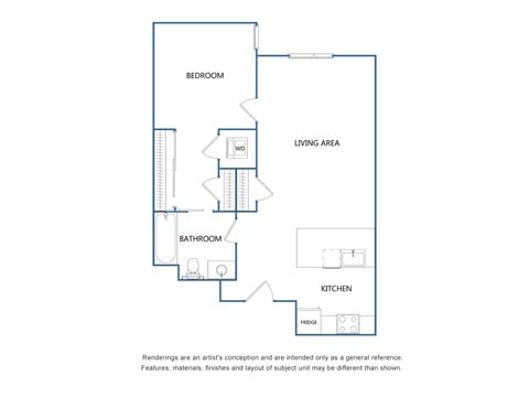 Floor plan for 1 bed, 1 bath, 766 sqft